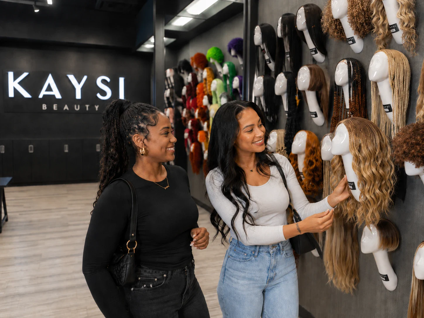 Shelves of styled wigs
